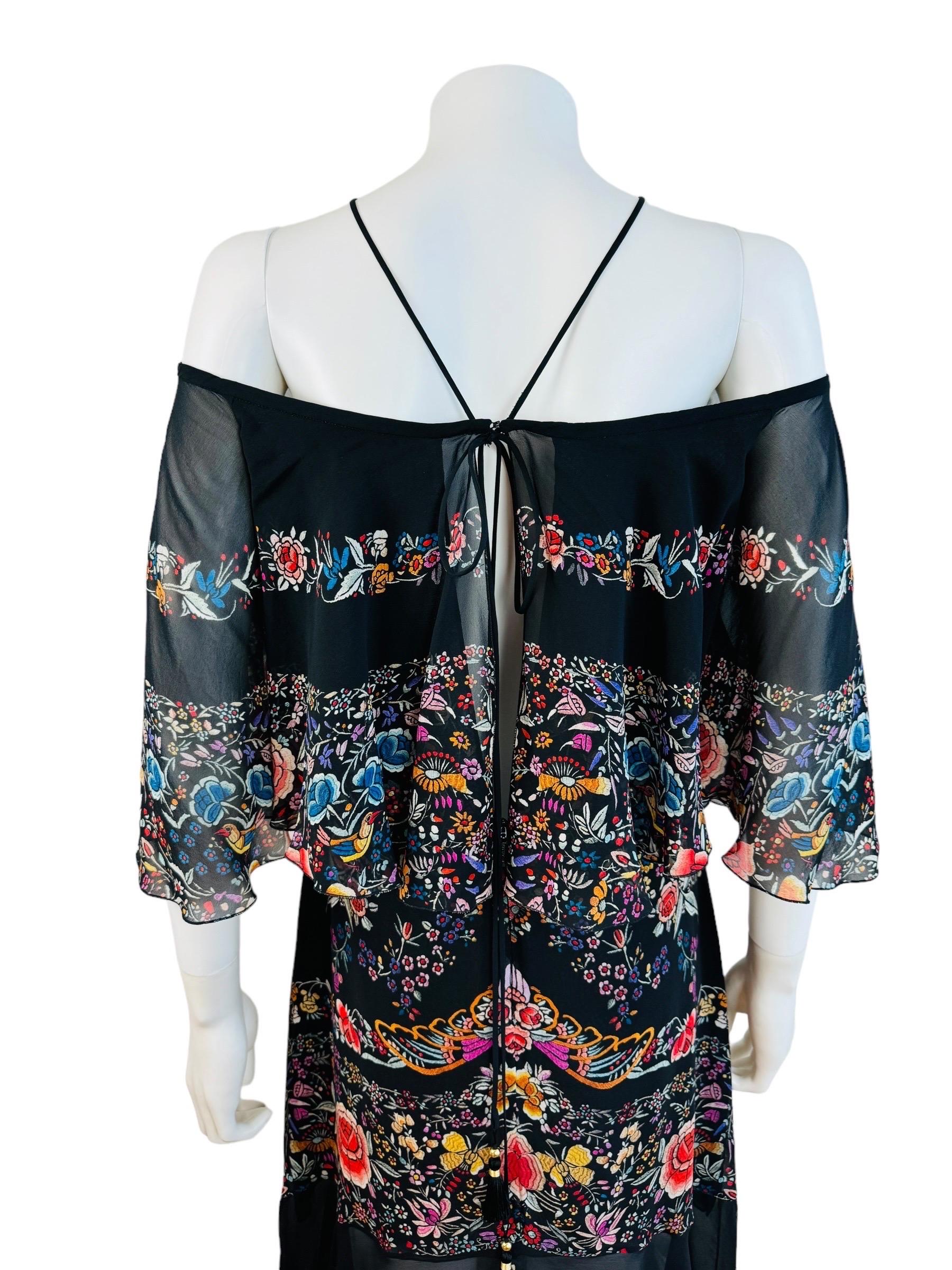 Vintage Roberto Cavalli 2017 Black Silk Floral Birds Off Shoulder Midi Dress For Sale 9