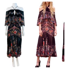 Vintage Roberto Cavalli 2017 Black Silk Floral Birds Off Shoulder Midi Dress