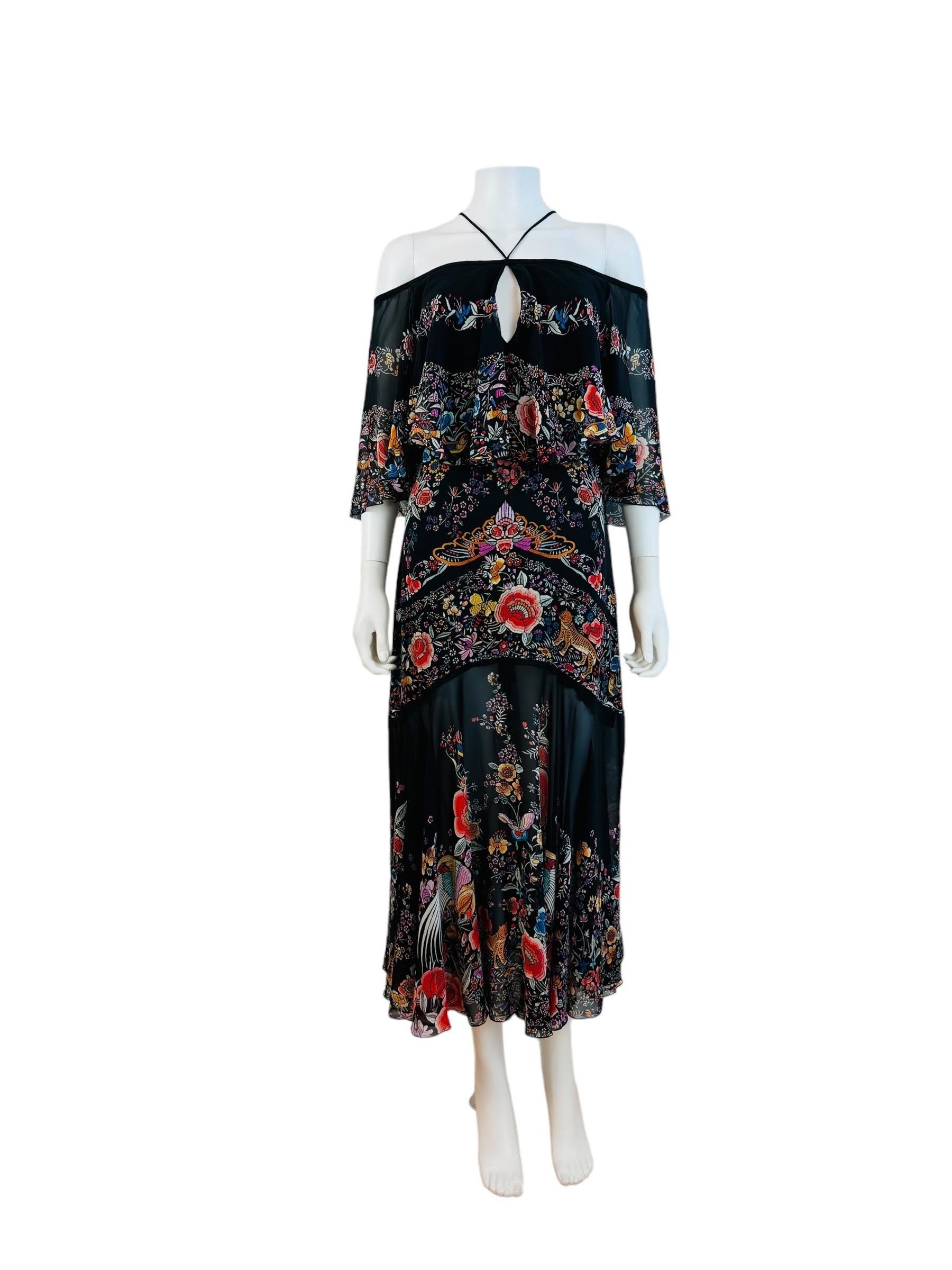 Vintage Roberto Cavalli 2017 Black Silk Floral Birds Off Shoulder Midi Dress In Excellent Condition For Sale In Denver, CO