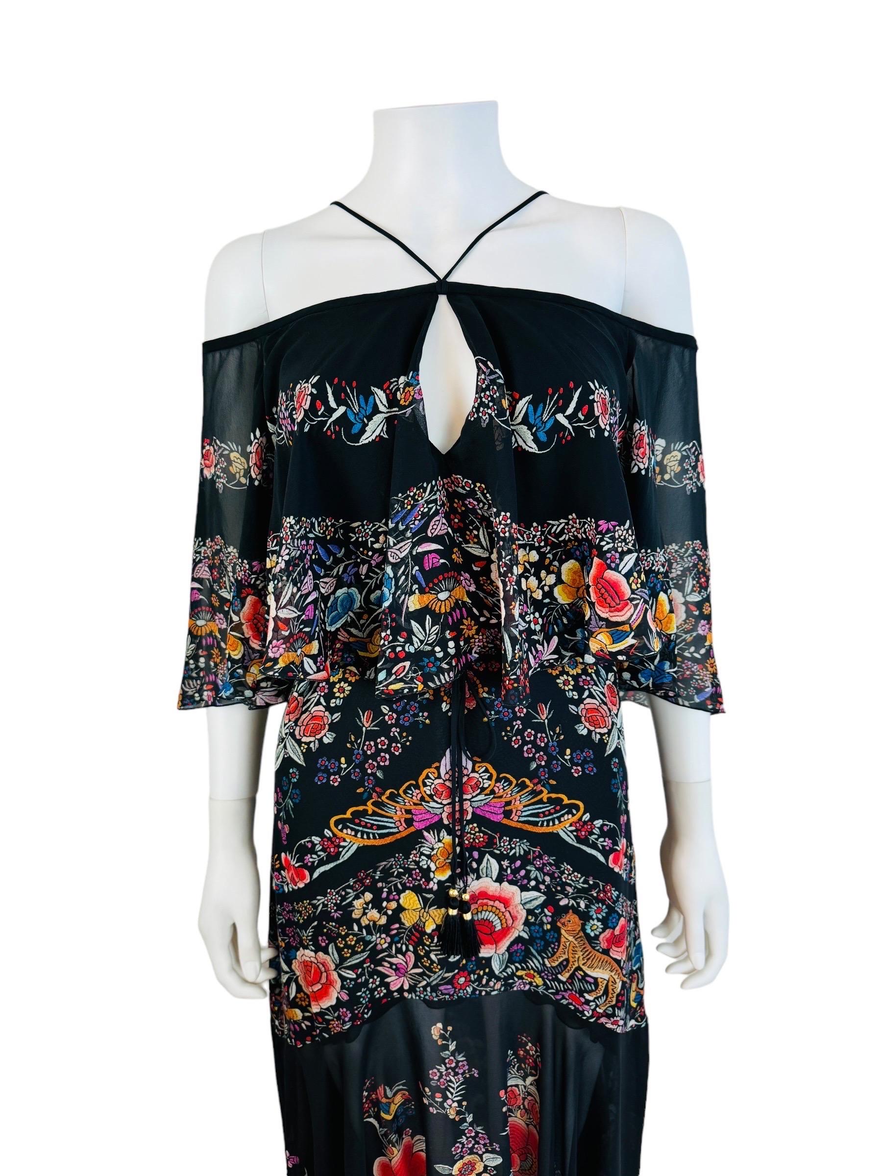 Women's Vintage Roberto Cavalli 2017 Black Silk Floral Birds Off Shoulder Midi Dress For Sale