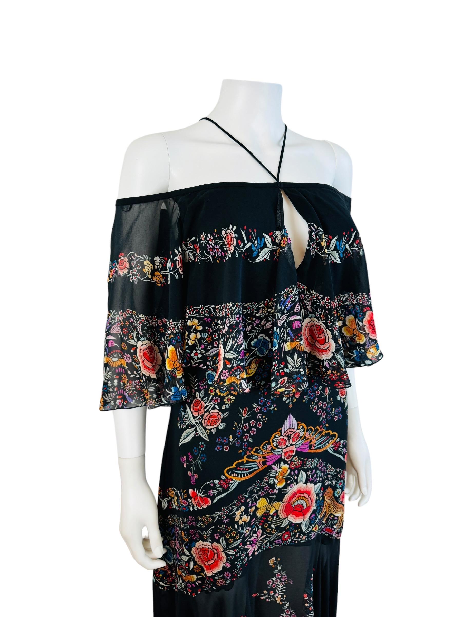 Vintage Roberto Cavalli 2017 Black Silk Floral Birds Off Shoulder Midi Dress For Sale 1
