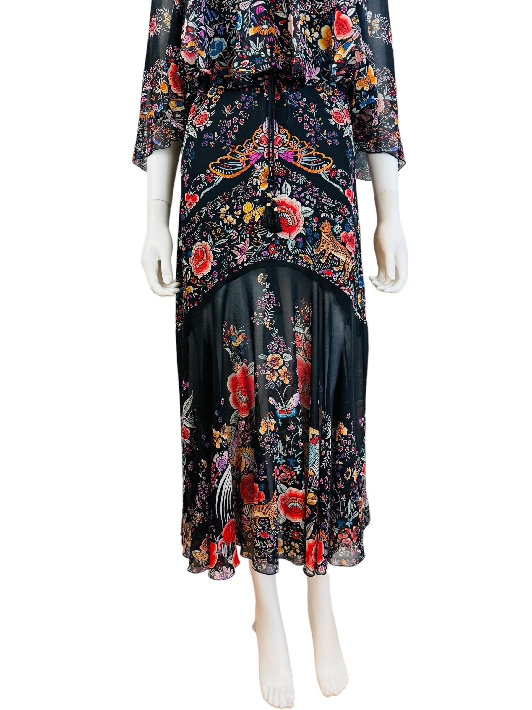 Vintage Roberto Cavalli 2017 Black Silk Floral Birds Off Shoulder Midi Dress For Sale 3