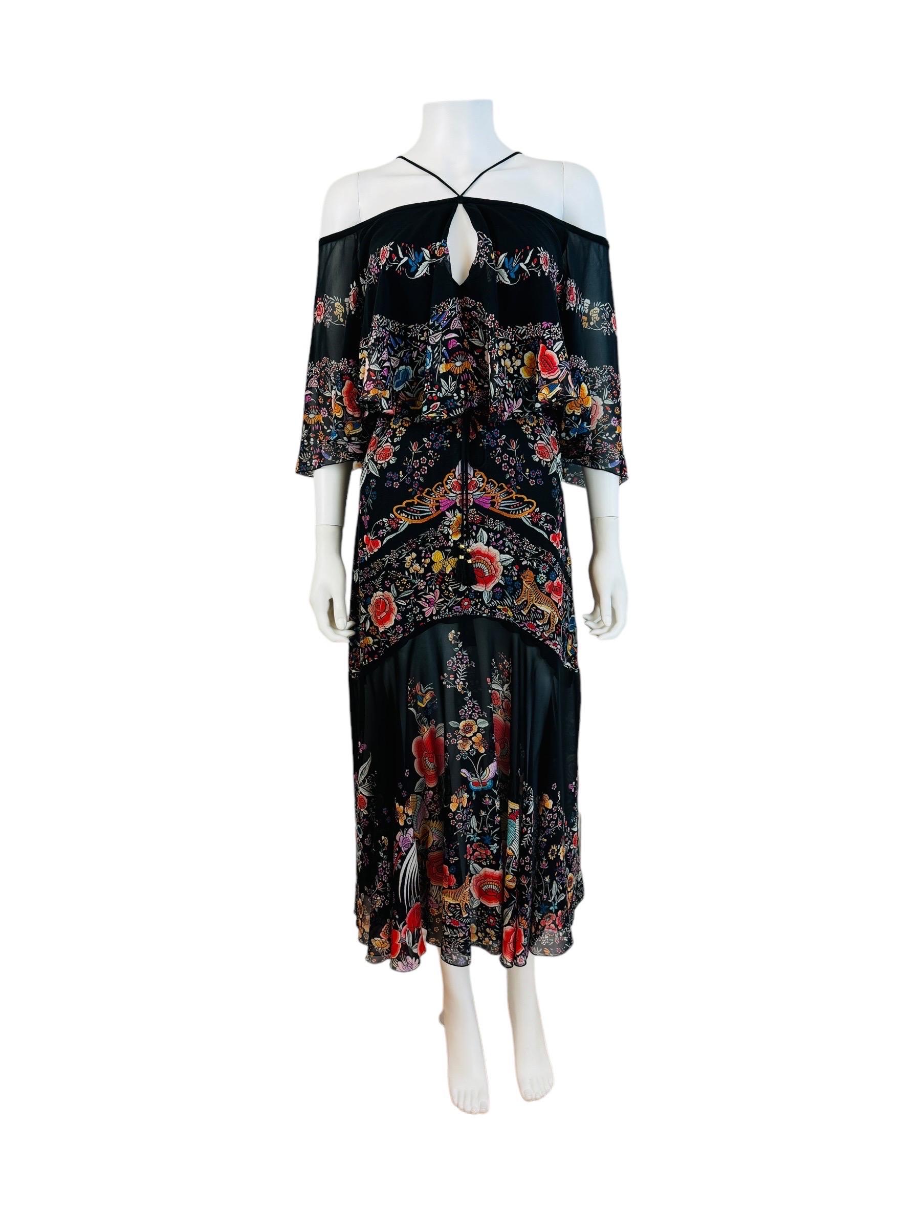 Vintage Roberto Cavalli 2017 Black Silk Floral Birds Off Shoulder Midi Dress For Sale 4