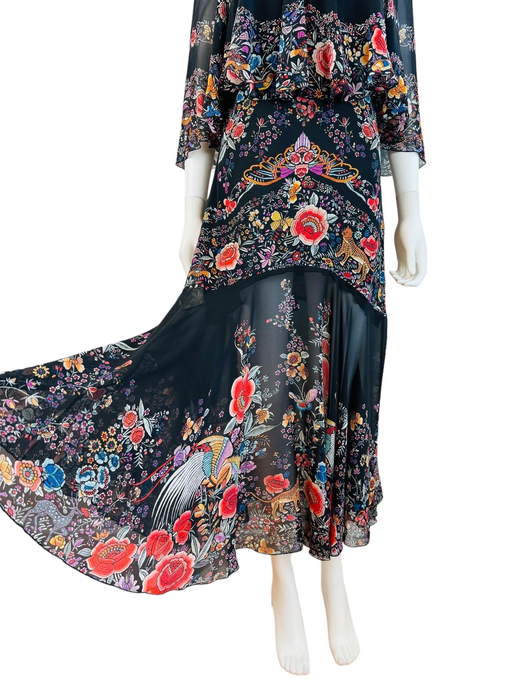 Vintage Roberto Cavalli 2017 Black Silk Floral Birds Off Shoulder Midi Dress For Sale 5