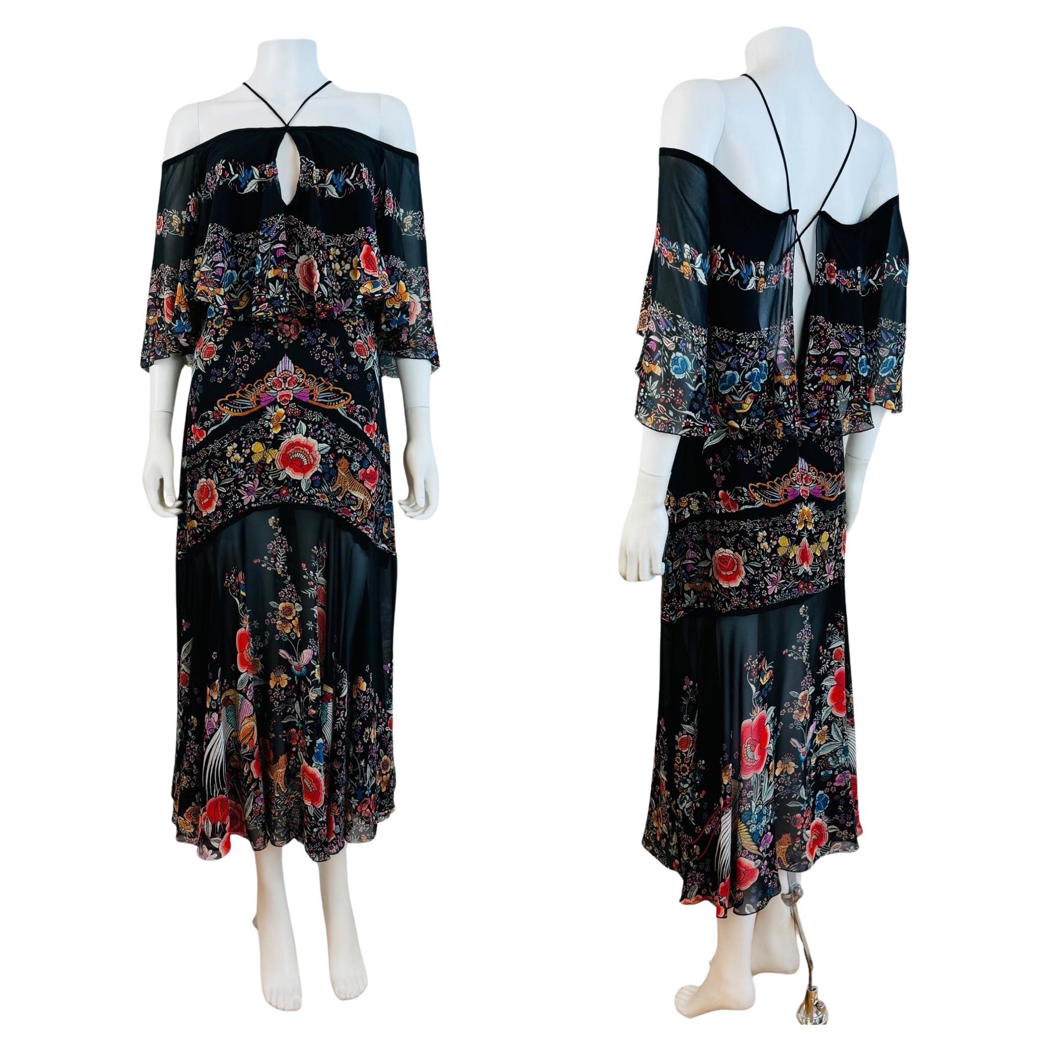 Vintage Roberto Cavalli 2017 Black Silk Floral Birds Off Shoulder Midi Dress For Sale