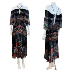 Vintage Roberto Cavalli 2017 Black Silk Floral Birds Off Shoulder Midi Dress