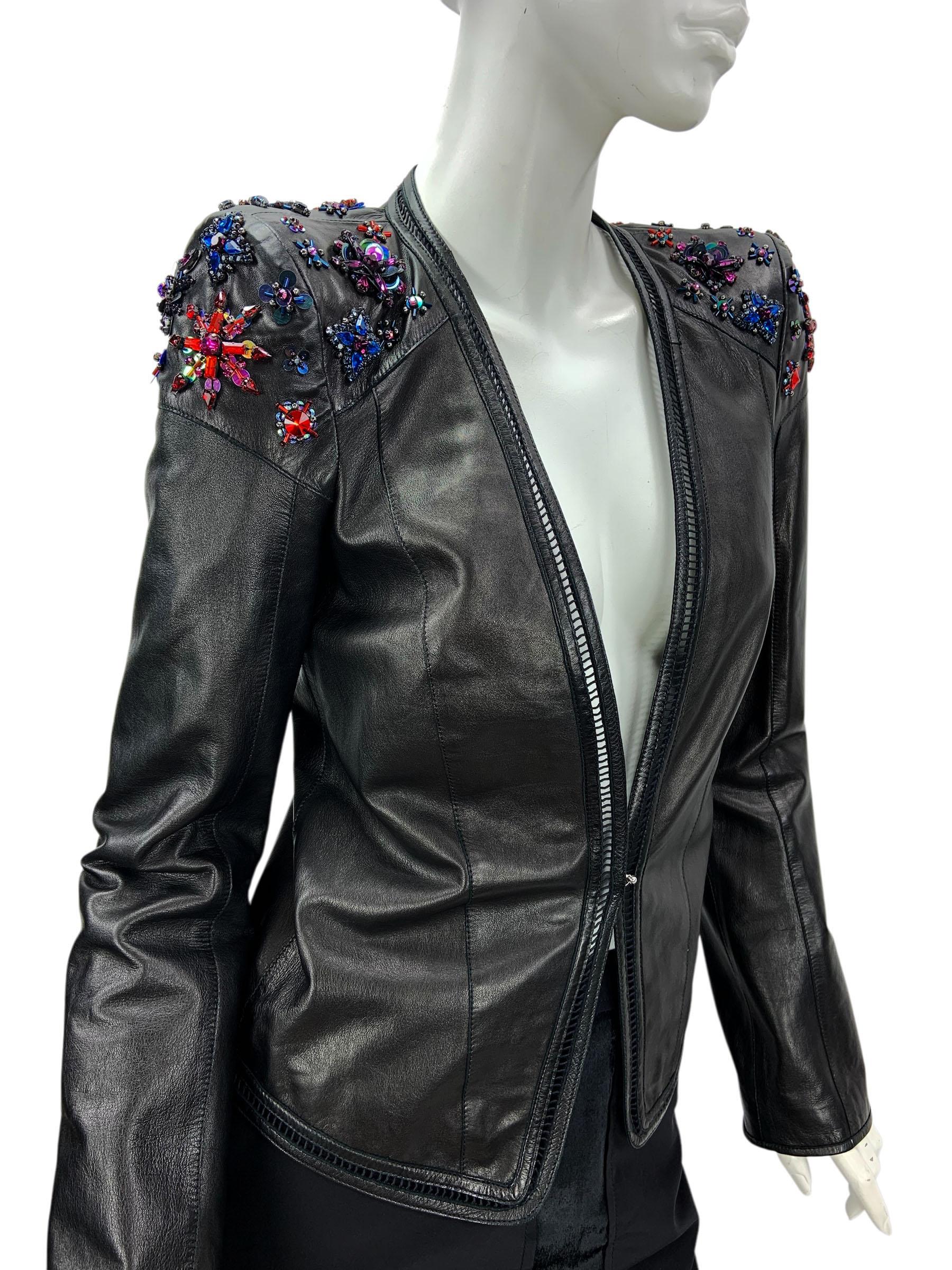 Vintage Roberto Cavalli Black Leather Crystal Embellished Jacket Blazer It 40 In New Condition For Sale In Montgomery, TX