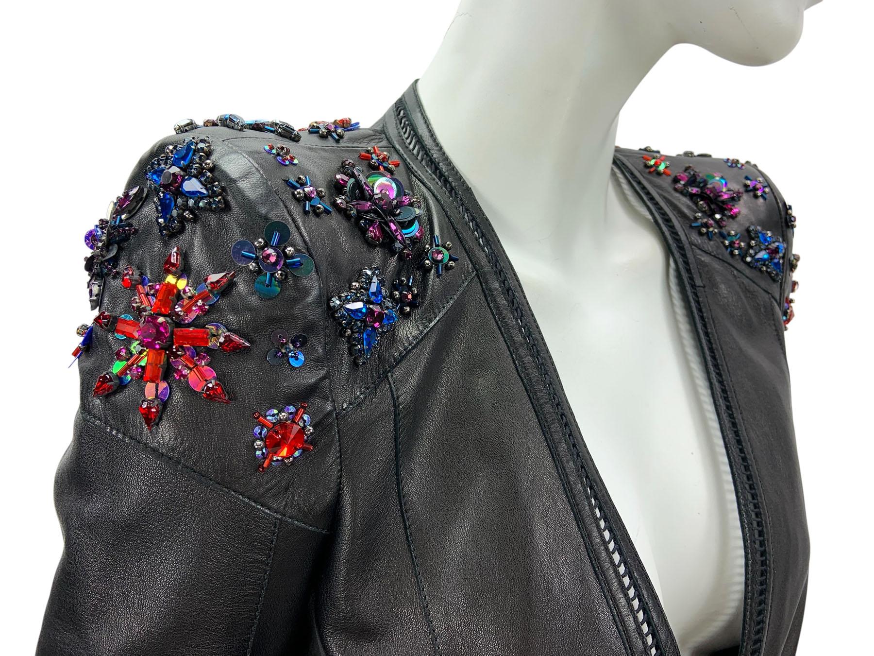 Women's Vintage Roberto Cavalli Black Leather Crystal Embellished Jacket Blazer It 40 For Sale