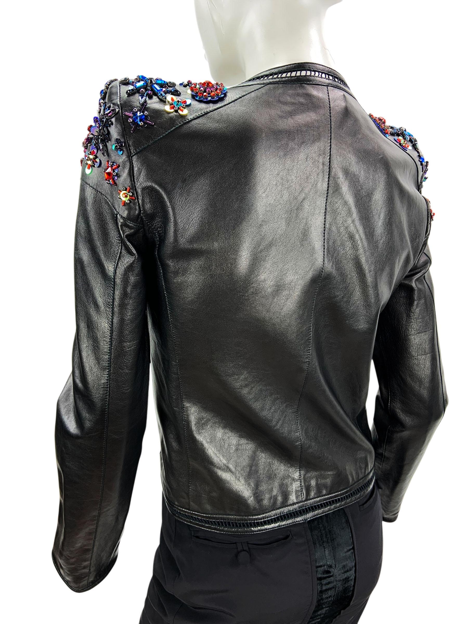 Vintage Roberto Cavalli Black Leather Crystal Embellished Jacket Blazer It 40 For Sale 1