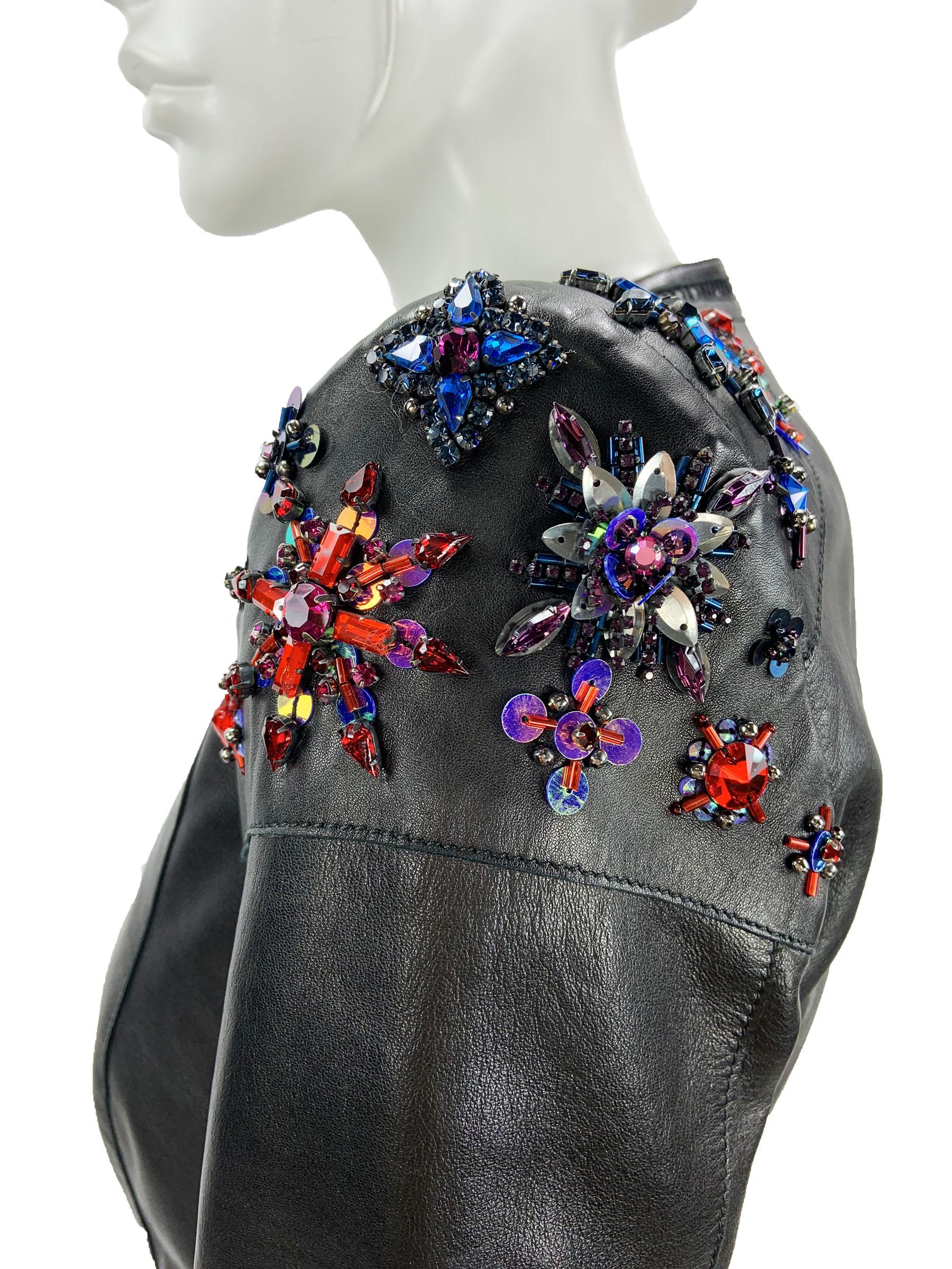 Vintage Roberto Cavalli Black Leather Crystal Embellished Jacket Blazer It 40 For Sale 2