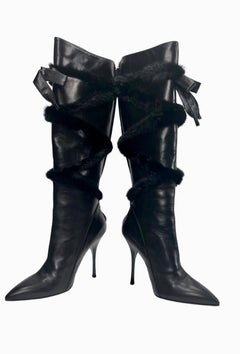 Vintage Roberto Cavalli Black Leather Knee High Boots with Mink Fur 36.5 NIB