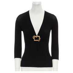 vintage ROBERTO CAVALLI black ribbed gold crystal buckle plunge sweater IT38 XS