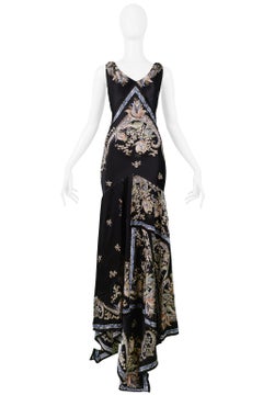 Vintage Roberto Cavalli Black Satin Floral Evening Gown with Metal Tassels