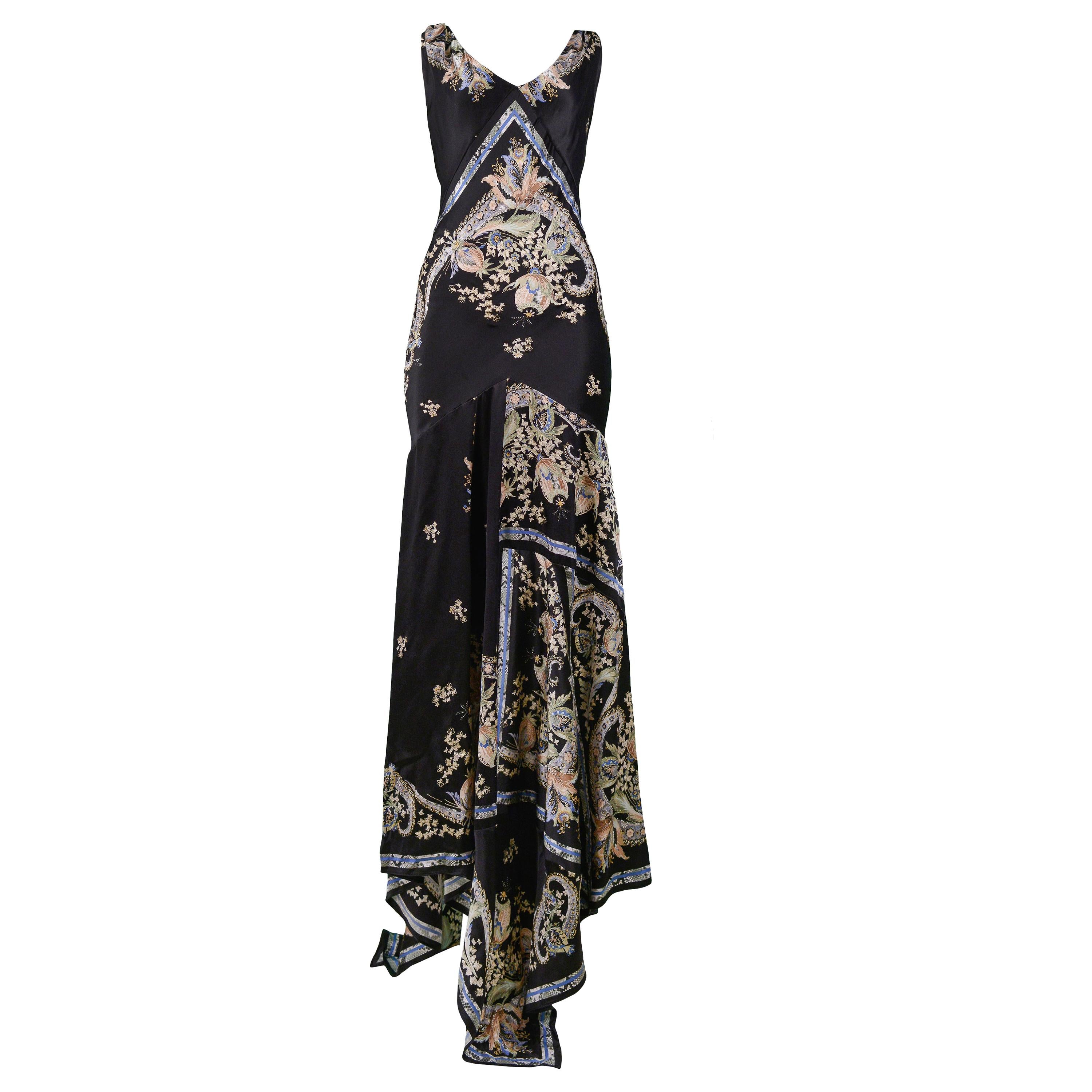 Vintage Roberto Cavalli Black Satin Floral Evening Gown with Metal ...