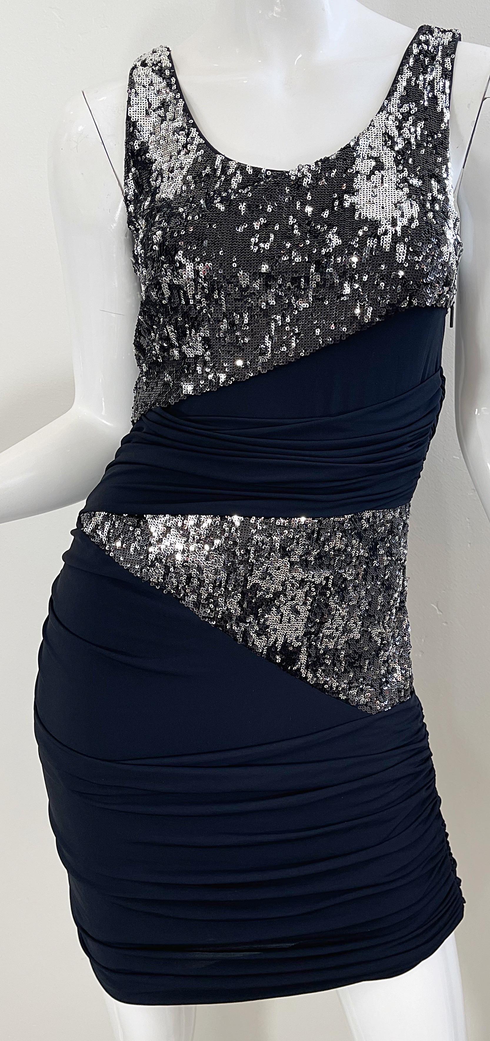 Vintage Roberto Cavalli Black + Silver Sequin Size 42 / 6 - 8 Y2K Mini Dress For Sale 2