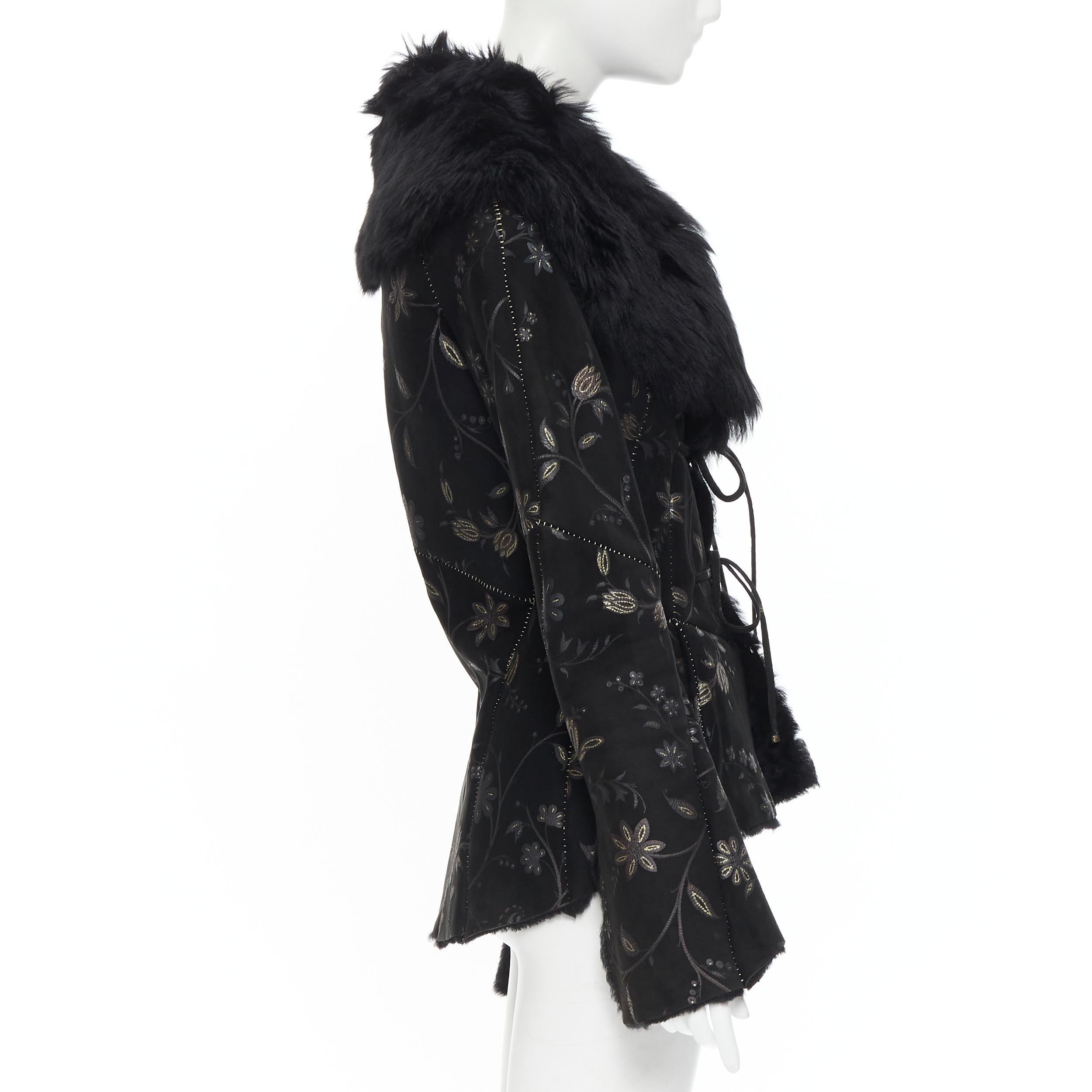 Women's vintage ROBERTO CAVALLI black suede floral print fur lined belted jacket IT44 M