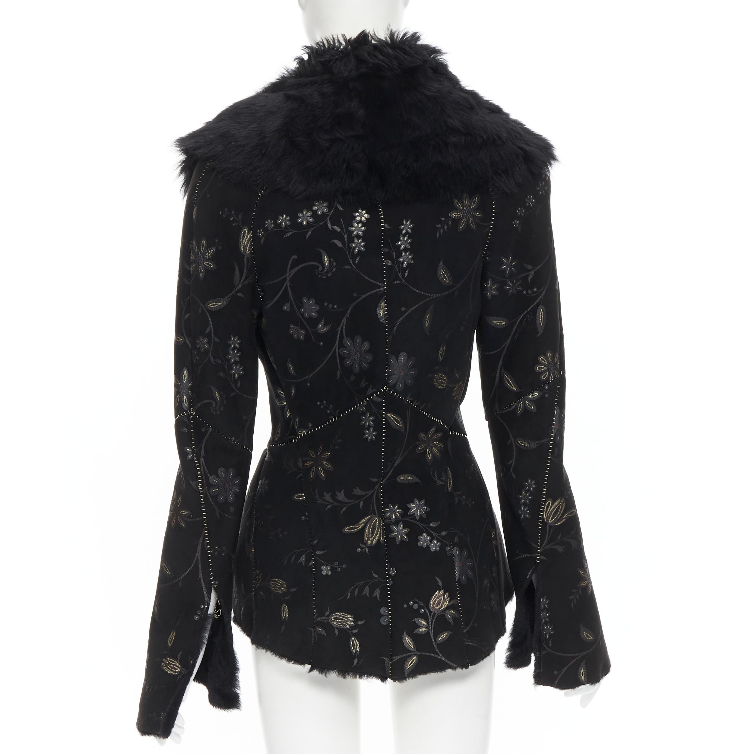 vintage ROBERTO CAVALLI black suede floral print fur lined belted jacket IT44 M 1