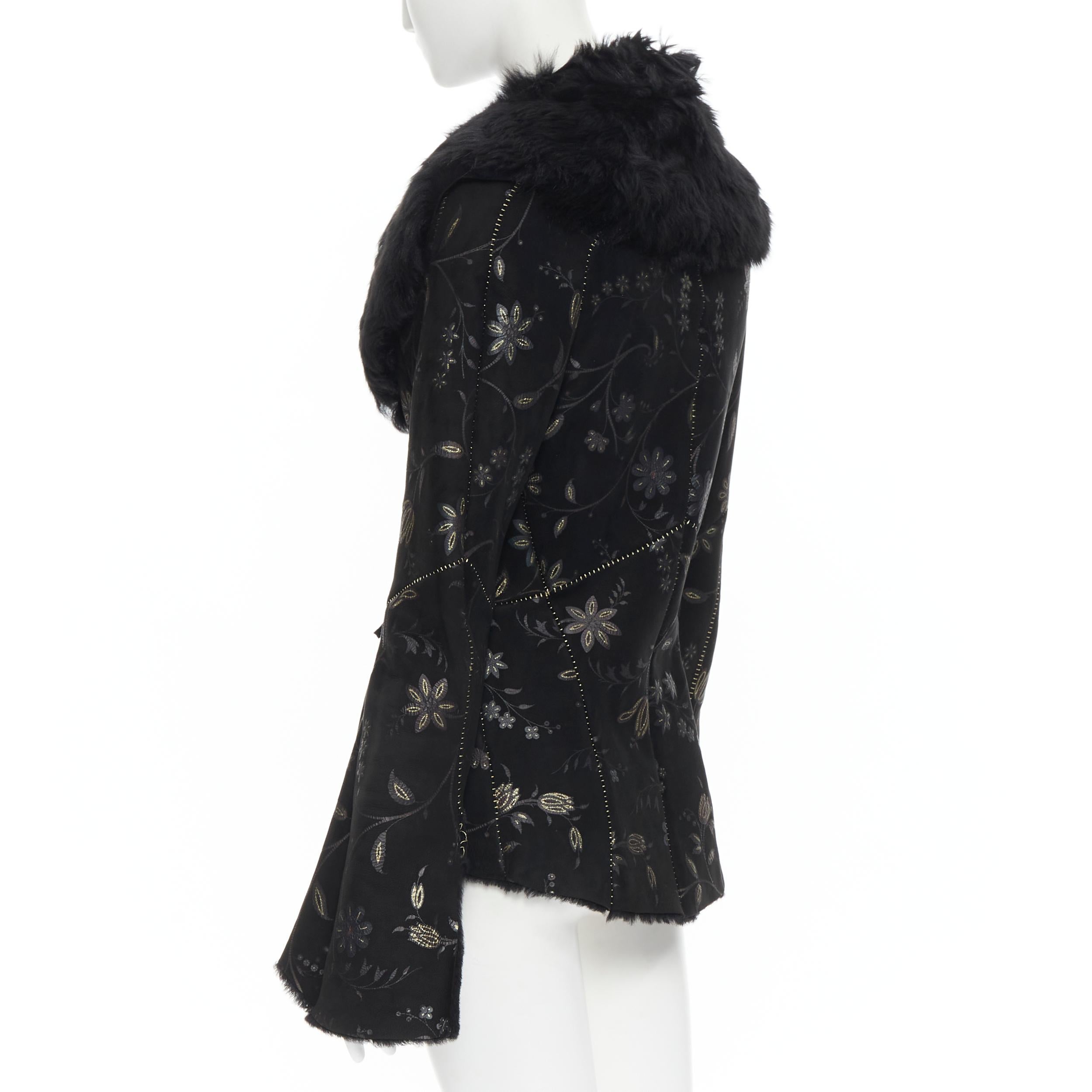 vintage ROBERTO CAVALLI black suede floral print fur lined belted jacket IT44 M 2