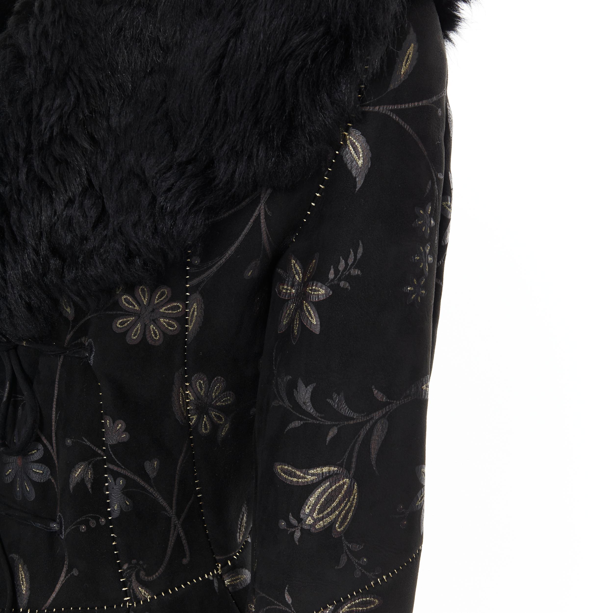 vintage ROBERTO CAVALLI black suede floral print fur lined belted jacket IT44 M 3