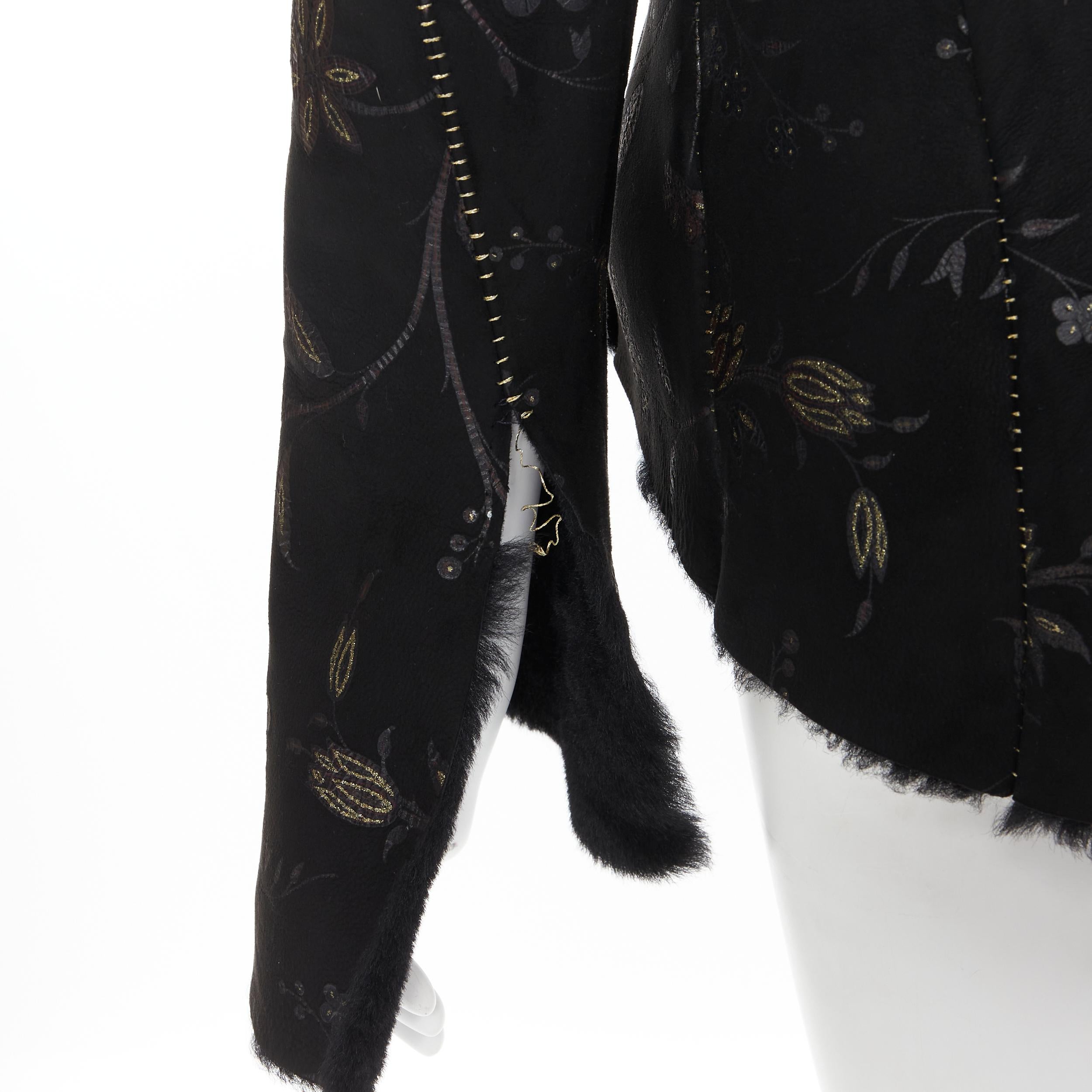 vintage ROBERTO CAVALLI black suede floral print fur lined belted jacket IT44 M 4