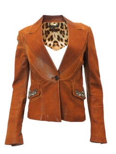 Vintage Roberto Cavalli Brown Leather Beaded Blazer with Stitching