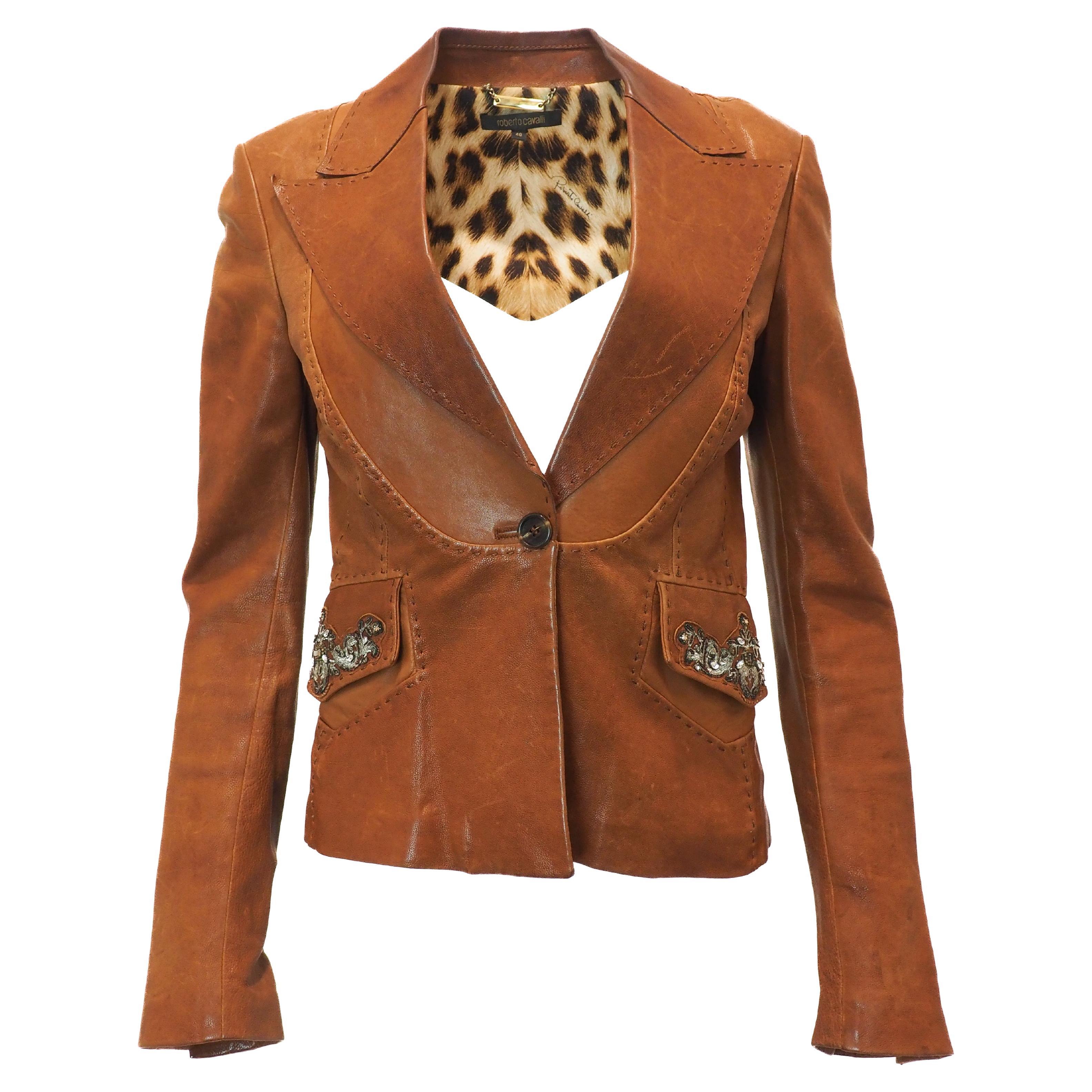 Vintage Roberto Cavalli Brown Leather Beaded Blazer with Stitching