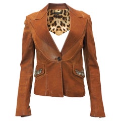 Vintage Roberto Cavalli Brown Leather Beaded Blazer with Stitching
