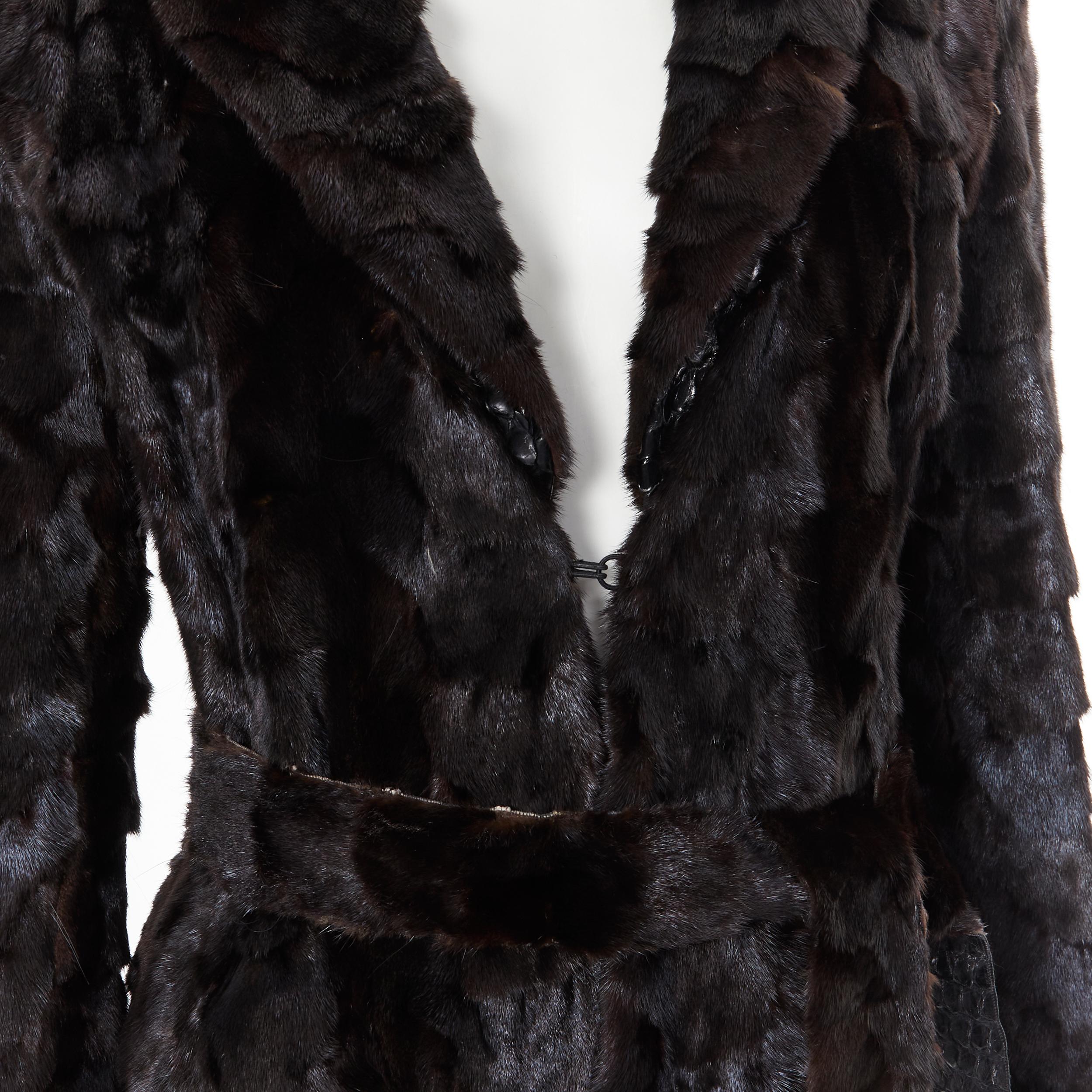 vintage ROBERTO CAVALLI brown patchwork fur snake lined belted robe coat S 1