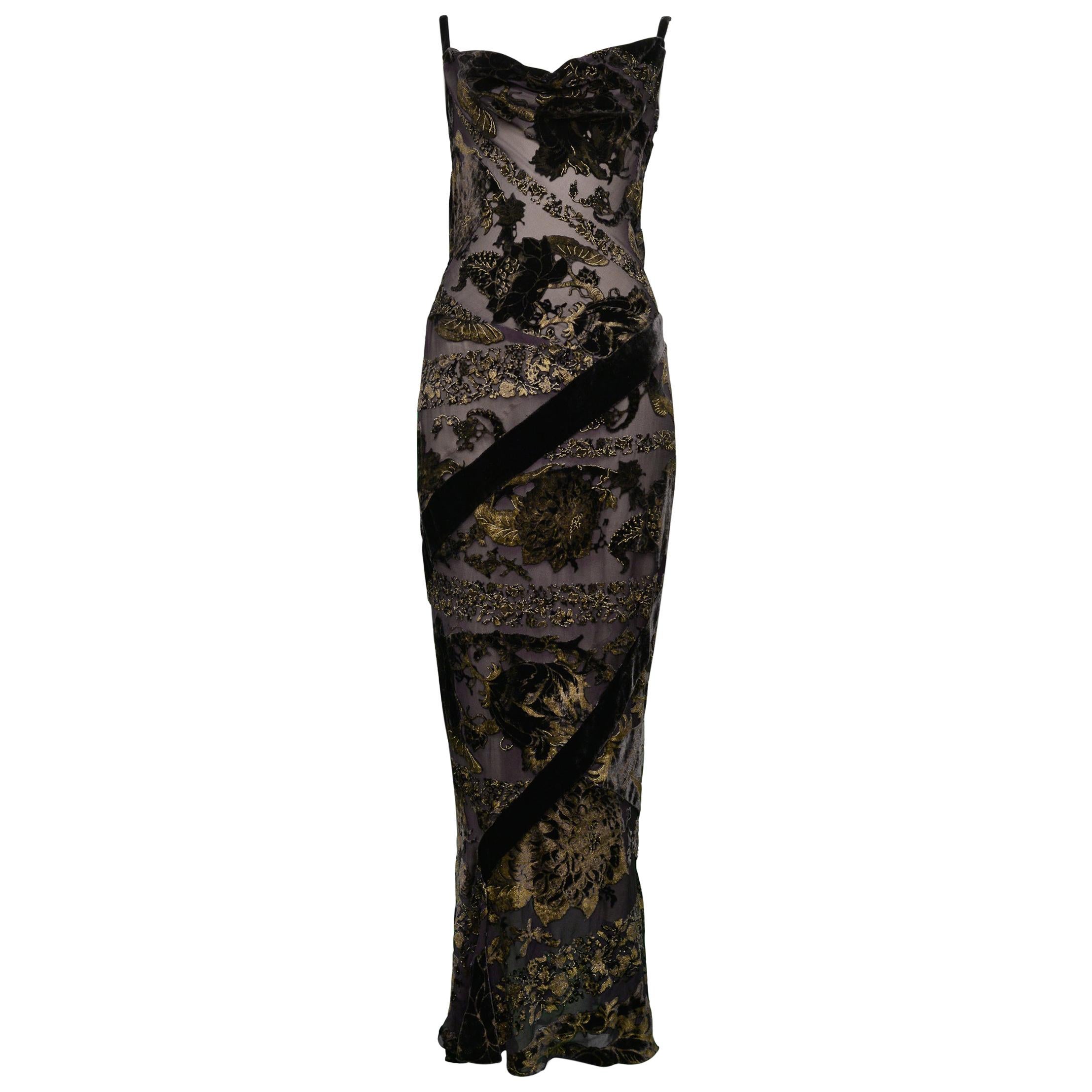 Vintage Roberto Cavalli Chiffon & Velvet Floral Bias Dress