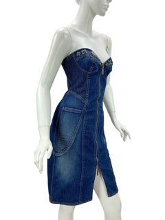 Vintage Roberto Cavalli Denim Bustier Crystal Embellished Mini Dress Italian 40