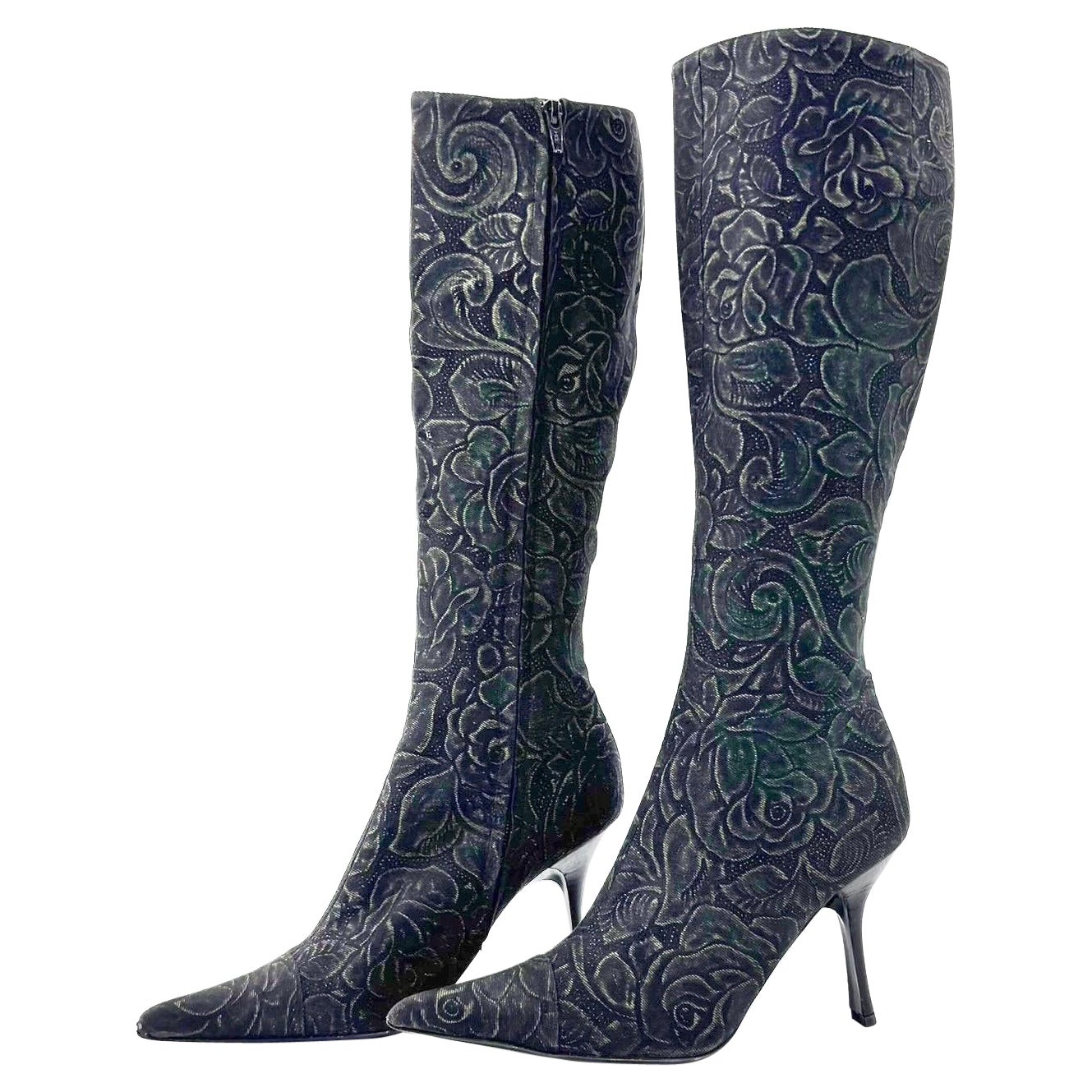 Vintage Roberto Cavalli Denim Floral Print Knee High Pointed Toe Boots 37.5