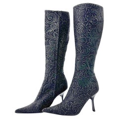 Vintage Roberto Cavalli Denim Floral Print Knee High Pointed Toe Boots 37.5