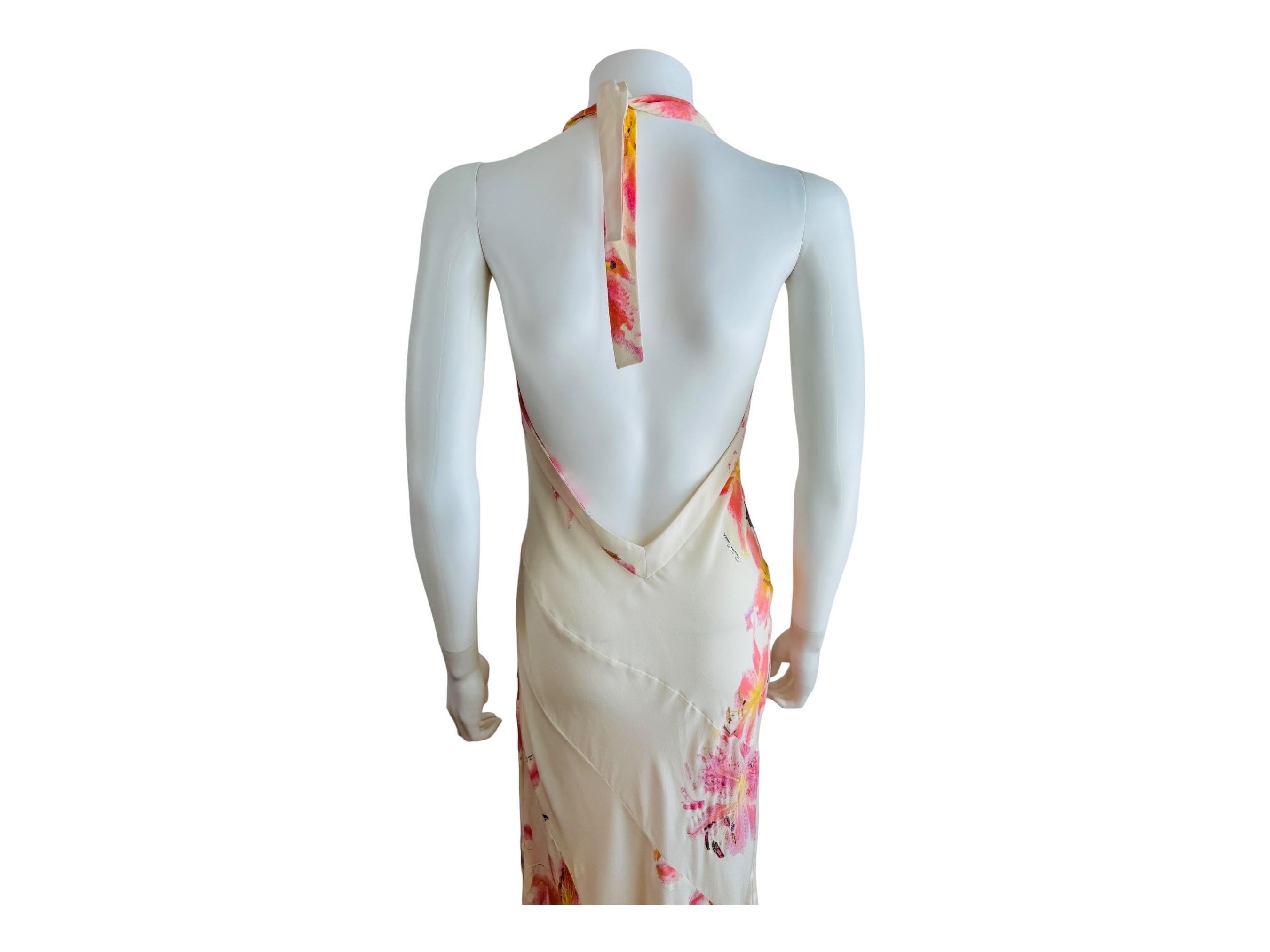 Vintage Roberto Cavalli Early 2000s Floral Lily Print Cream Pink Bias Midi Dress 5