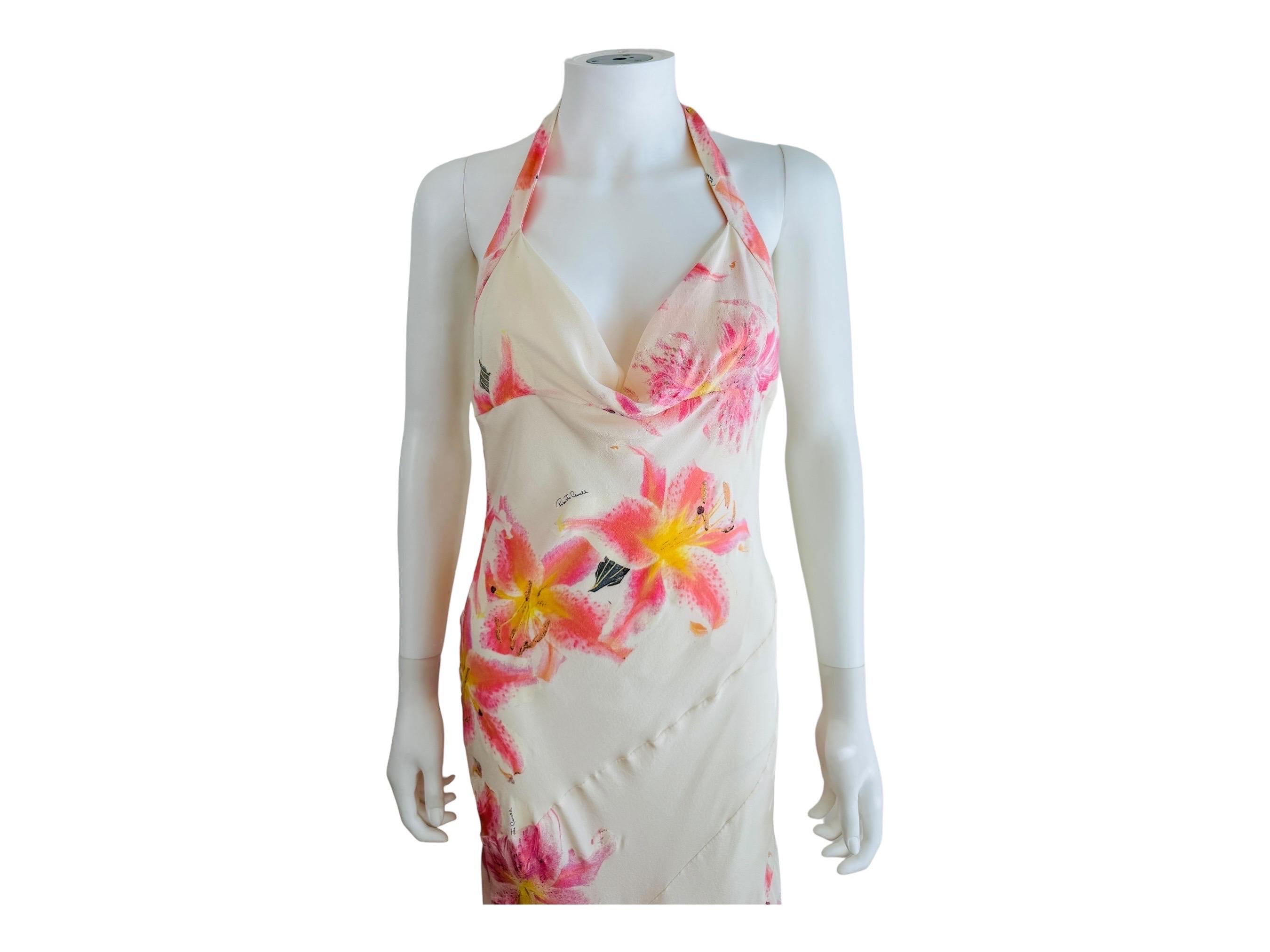White Vintage Roberto Cavalli Early 2000s Floral Lily Print Cream Pink Bias Midi Dress