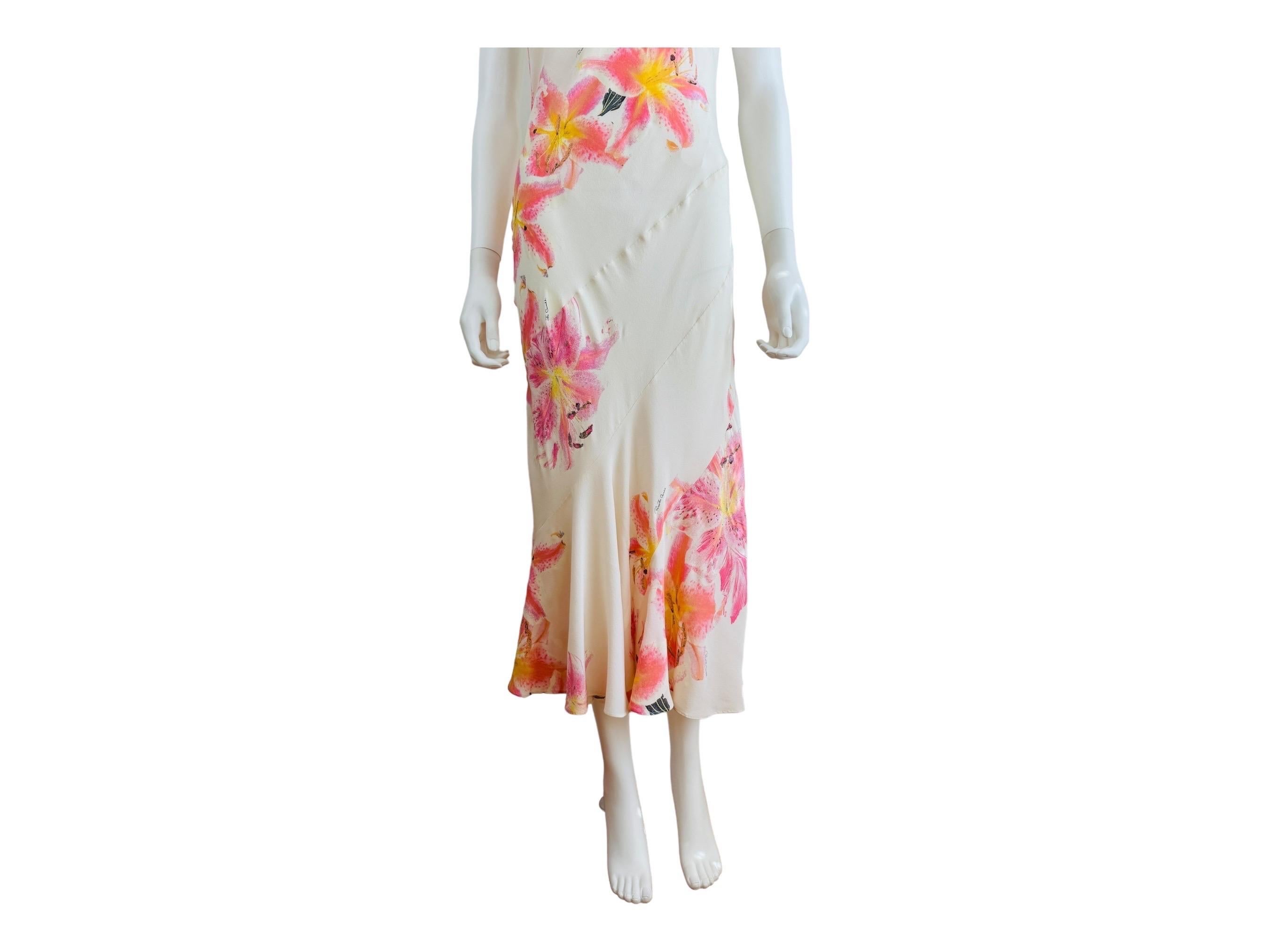 Vintage Roberto Cavalli Early 2000s Floral Lily Print Cream Pink Bias Midi Dress In Excellent Condition In Denver, CO