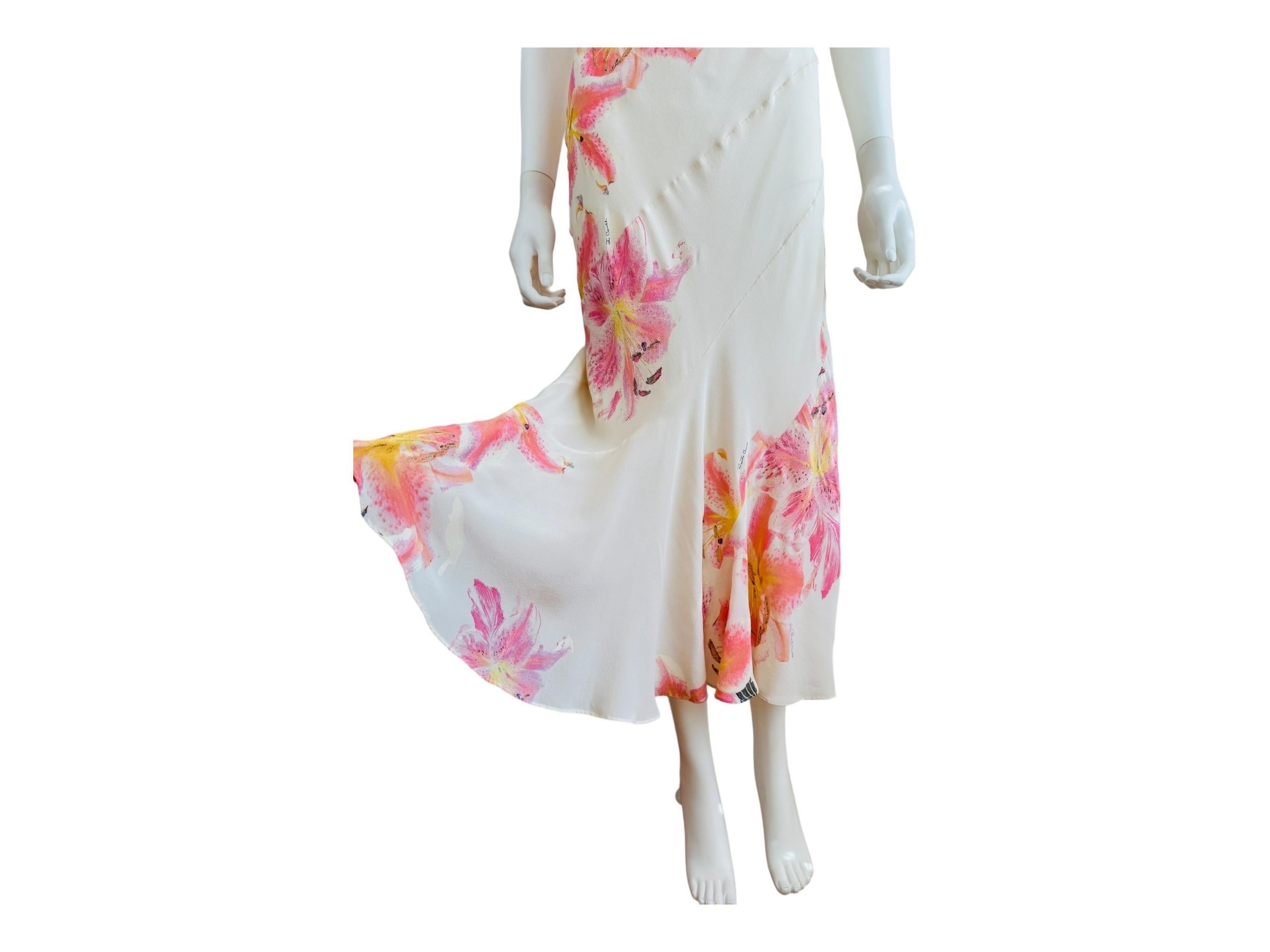 Women's Vintage Roberto Cavalli Early 2000s Floral Lily Print Cream Pink Bias Midi Dress