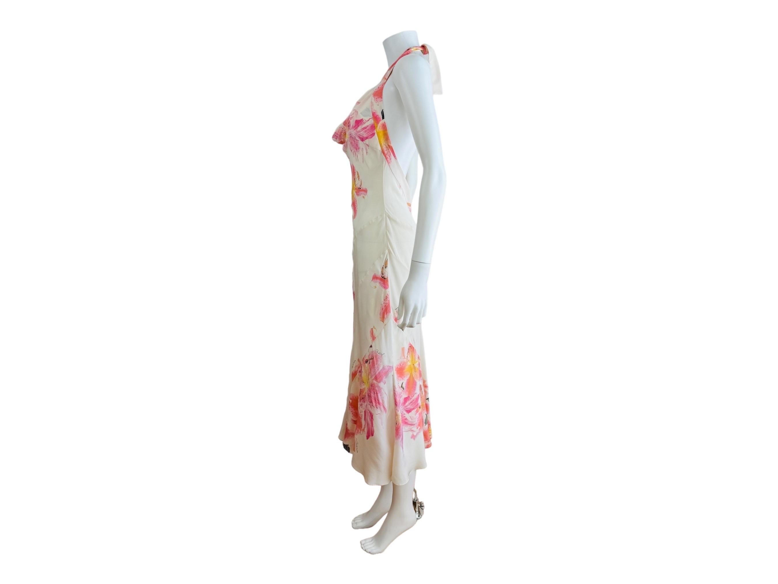 Vintage Roberto Cavalli Early 2000s Floral Lily Print Cream Pink Bias Midi Dress 1