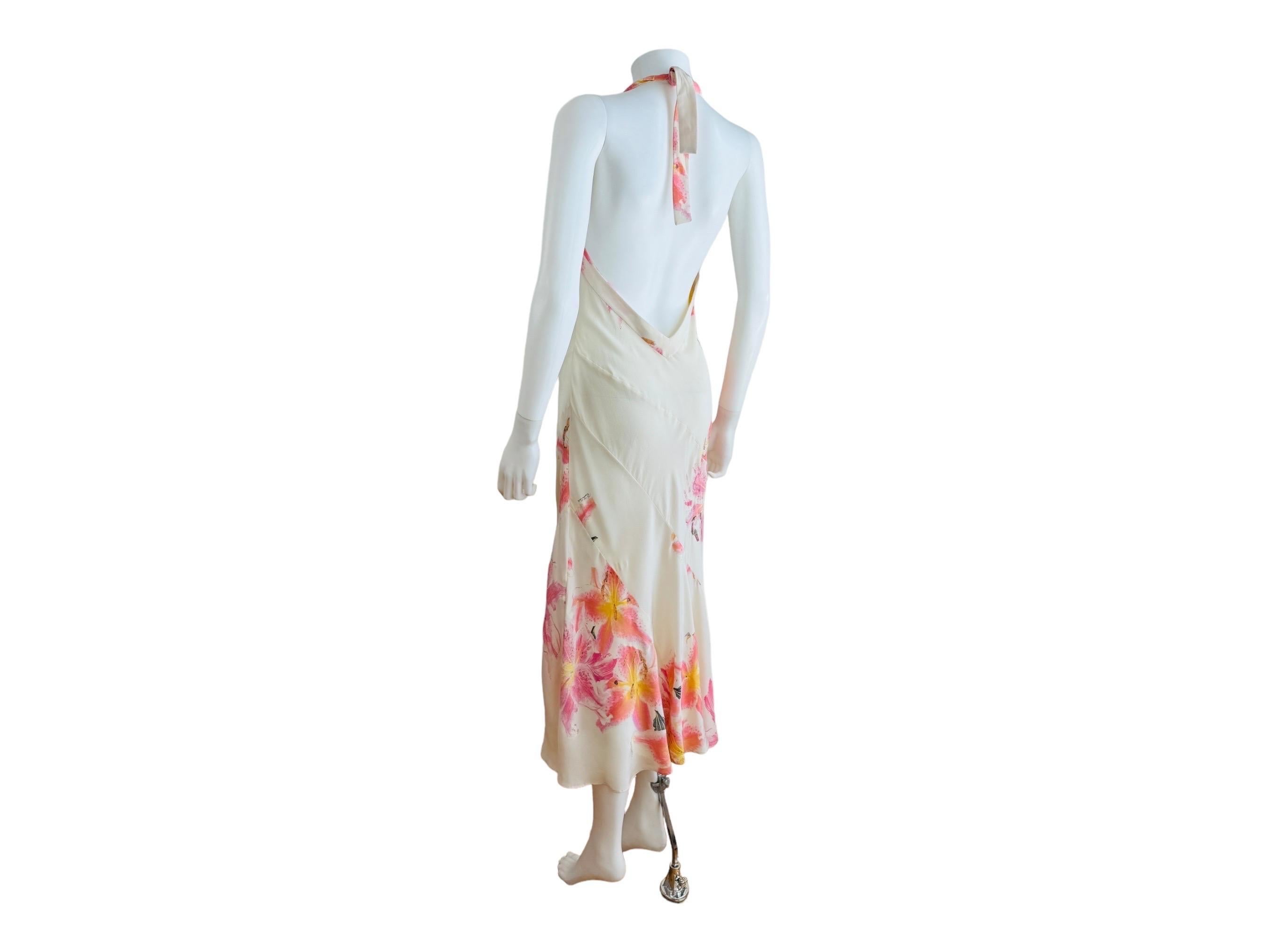 Vintage Roberto Cavalli Early 2000s Floral Lily Print Cream Pink Bias Midi Dress 2