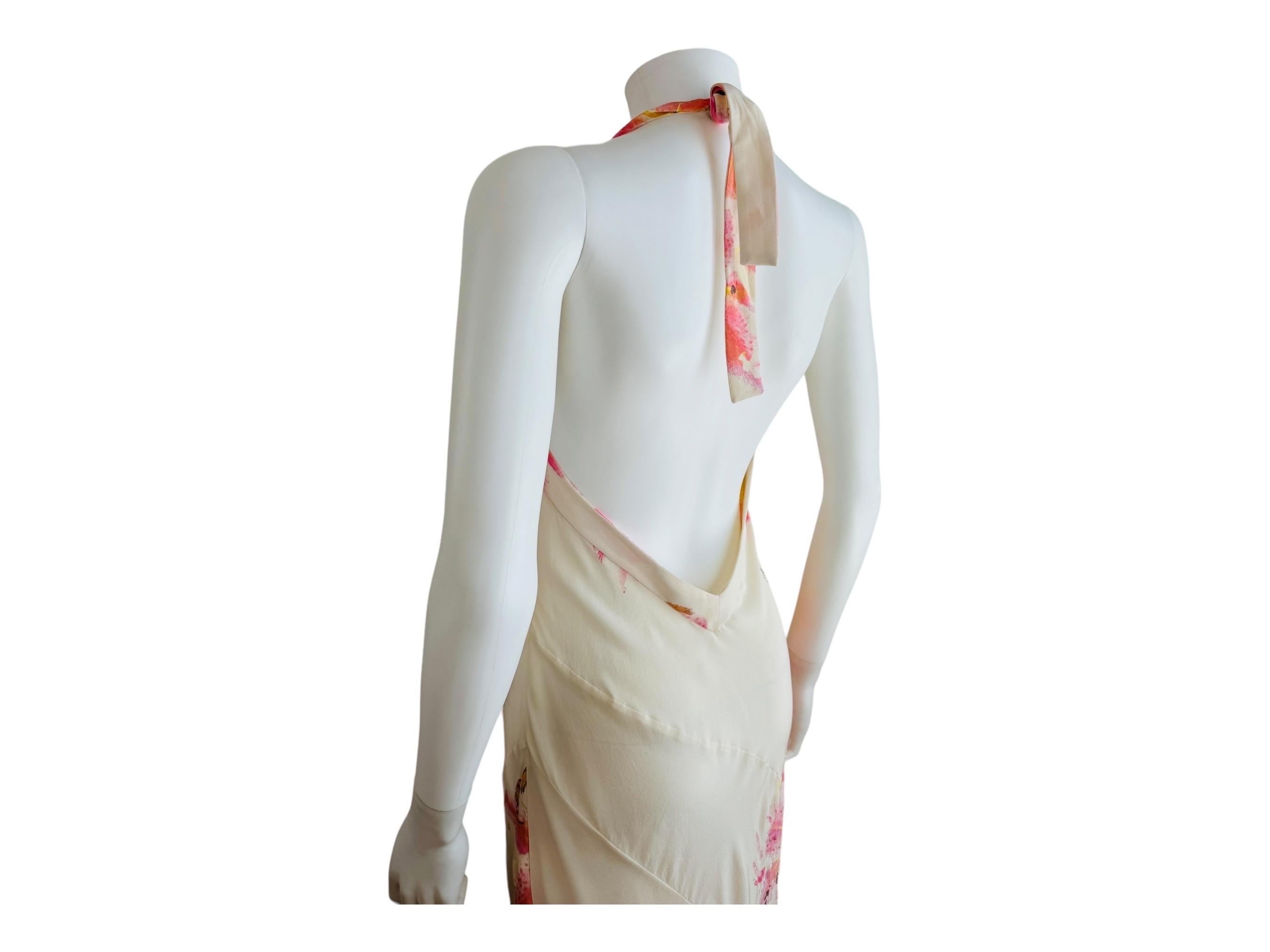 Vintage Roberto Cavalli Early 2000s Floral Lily Print Cream Pink Bias Midi Dress 3