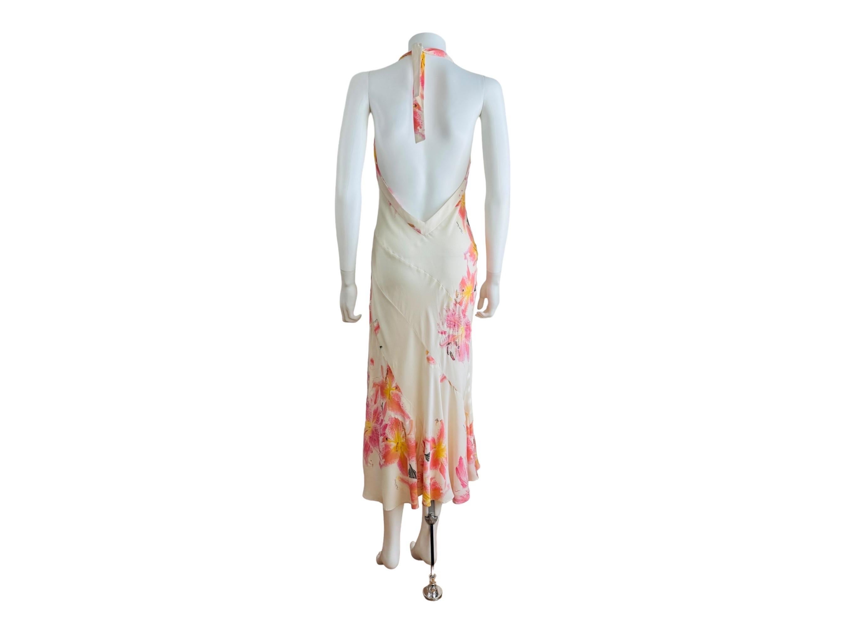 Vintage Roberto Cavalli Early 2000s Floral Lily Print Cream Pink Bias Midi Dress 4