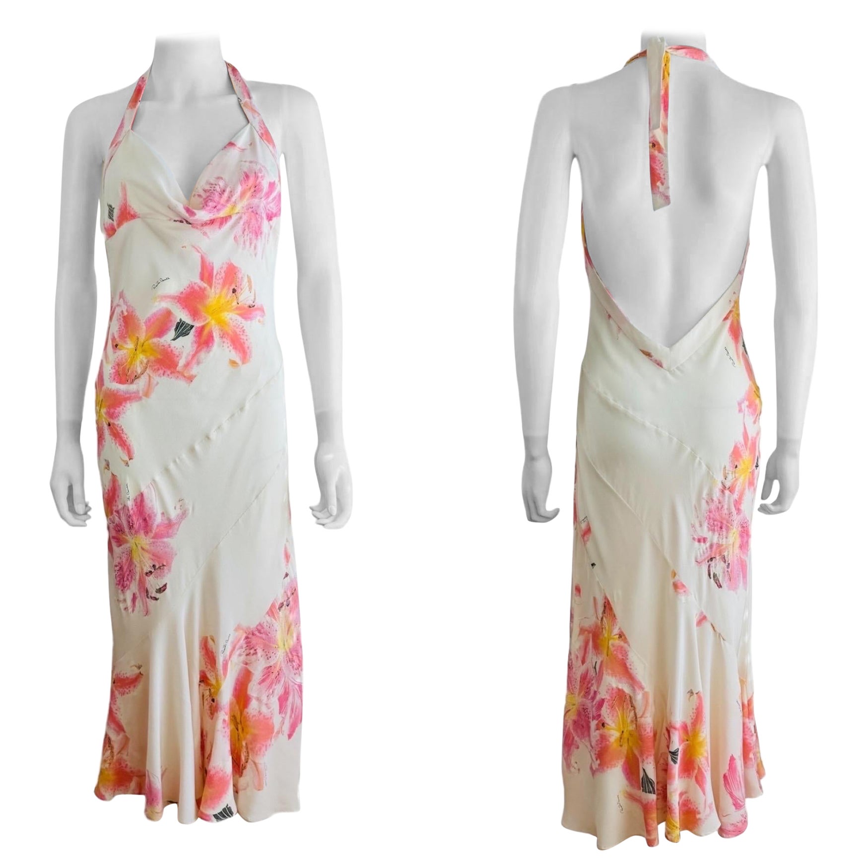 Vintage Roberto Cavalli Early 2000s Floral Lily Print Cream Pink Bias Midi Dress