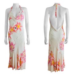 Vintage Roberto Cavalli Early 2000s Floral Lily Print Cream Pink Bias Midi Dress