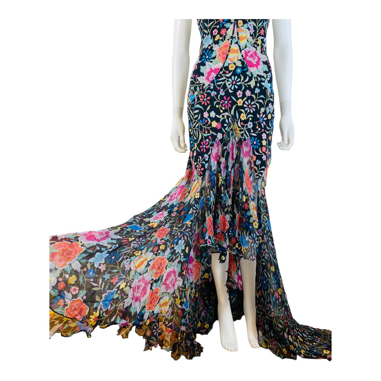 Vintage Roberto Cavalli F/W 2004 Floral Embroidered Look Hi Lo Hem Dress Gown For Sale 6