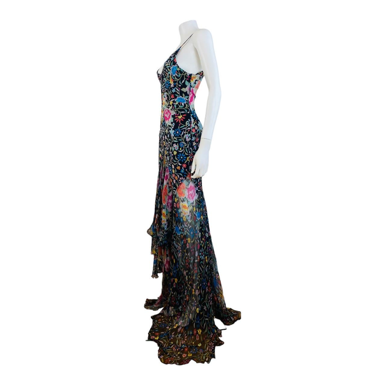 Vintage Roberto Cavalli F/W 2004 Floral Embroidered Look Hi Lo Hem Dress Gown For Sale 7