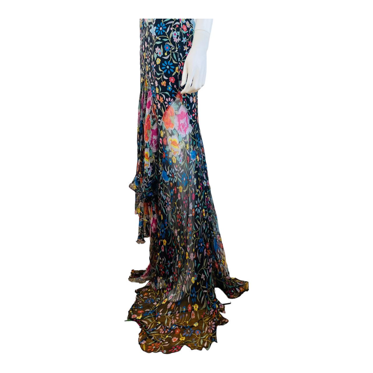 Vintage Roberto Cavalli F/W 2004 Floral Embroidered Look Hi Lo Hem Dress Gown For Sale 8