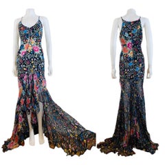 F&F Vintage Roberto Cavalli A/I 2004 abito con ricamo floreale e orlo Hi-Lo