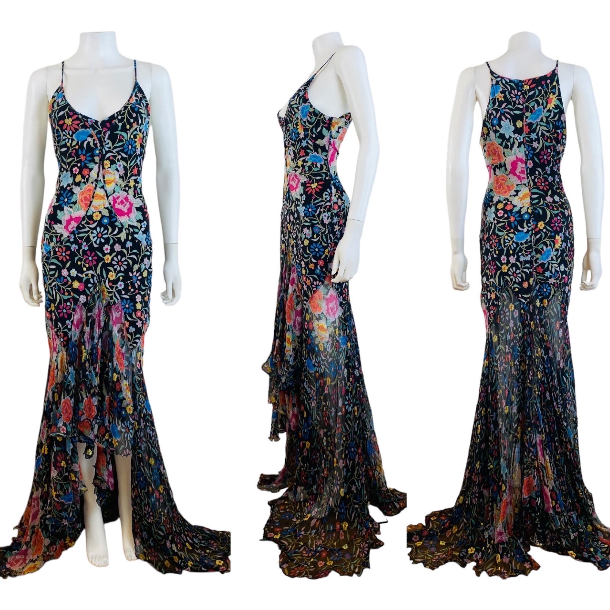 Vintage Roberto Cavalli F/W 2004 Floral Embroidered Look Hi Lo Hem Dress Gown In Excellent Condition For Sale In Denver, CO