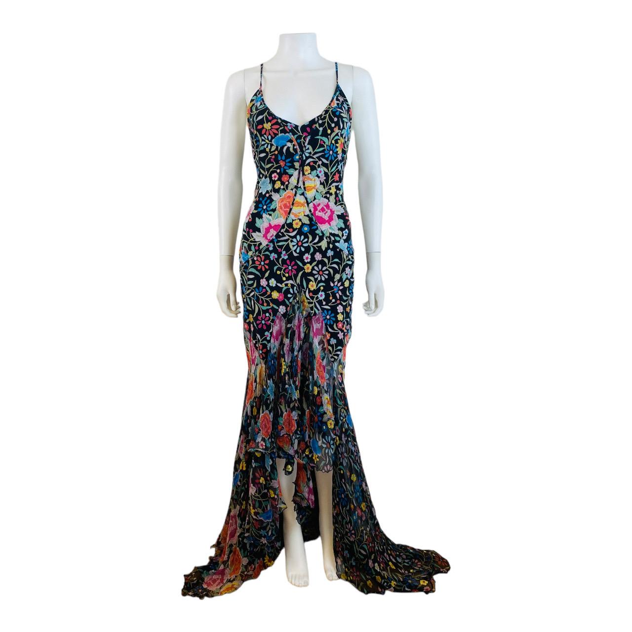 Women's Vintage Roberto Cavalli F/W 2004 Floral Embroidered Look Hi Lo Hem Dress Gown For Sale