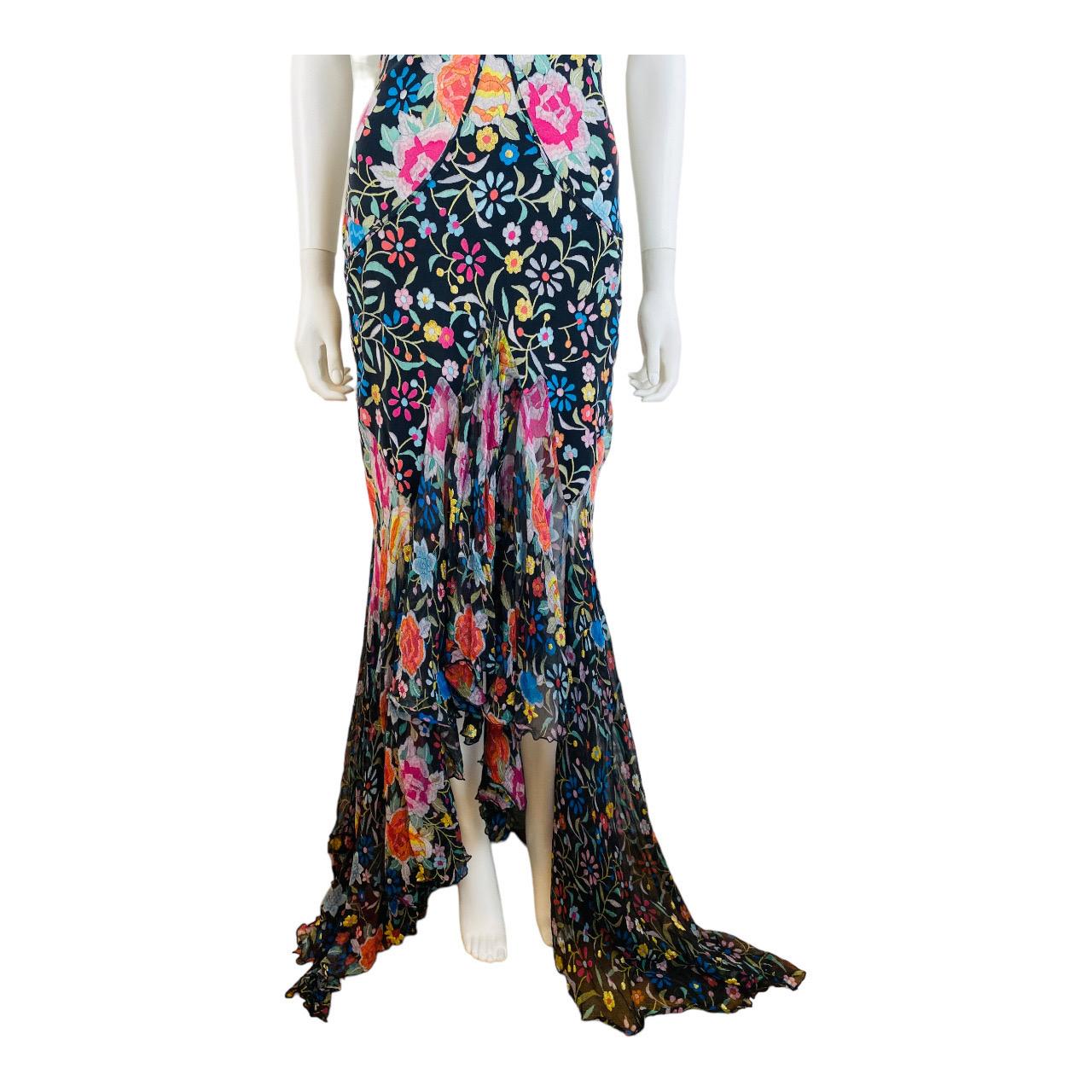 Vintage Roberto Cavalli F/W 2004 Floral Embroidered Look Hi Lo Hem Dress Gown For Sale 4