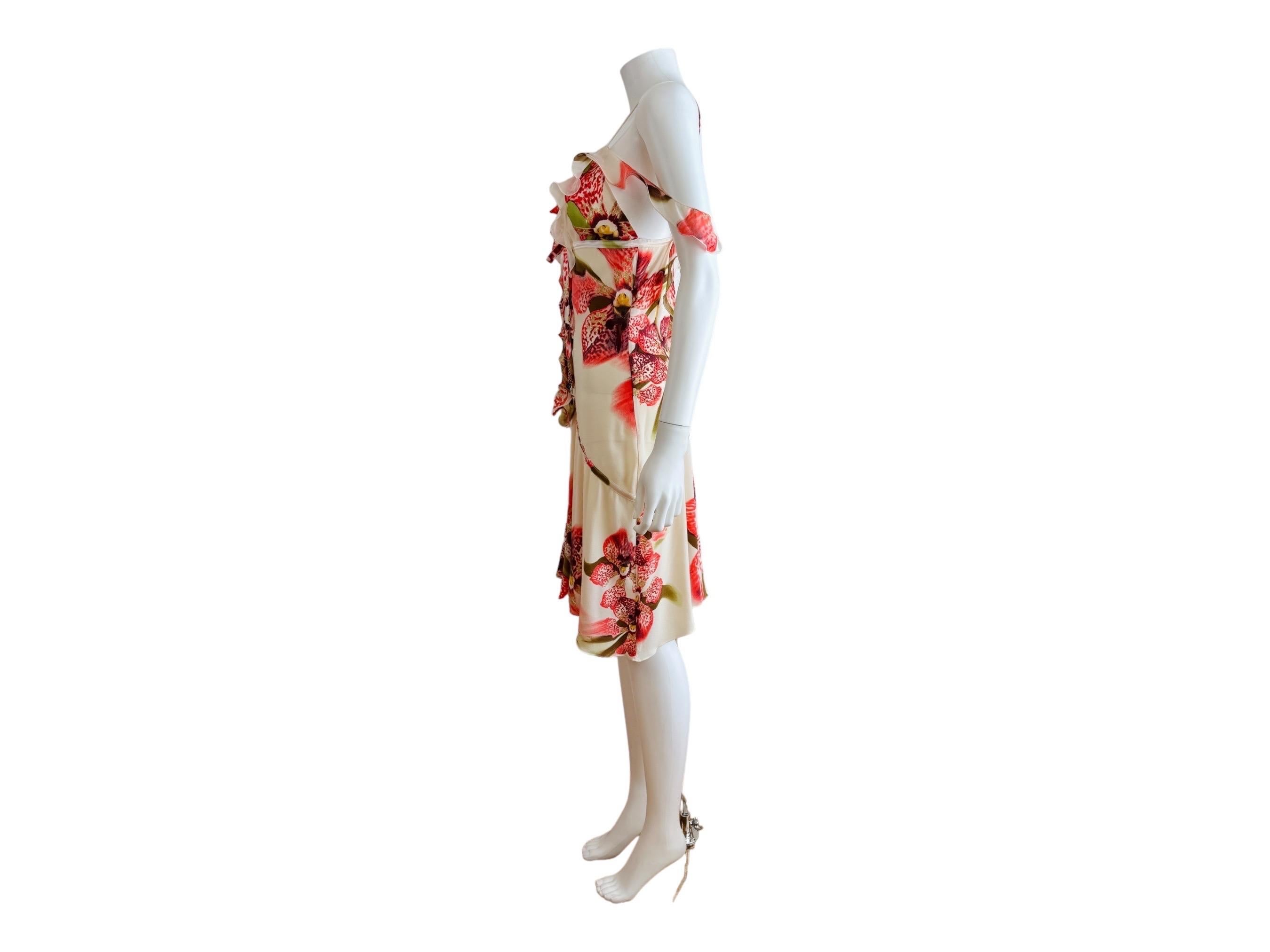 Vintage Roberto Cavalli F/W 2004 Floral Orchid Print Cream + Pink Ruffle Dress 5